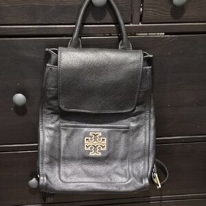 Tory Burch Black Leather Backpack with Gold Logo